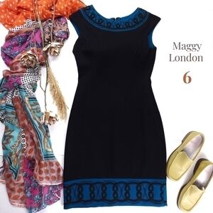 Maggy London Black Blue Embroidered  Dress Sz 6